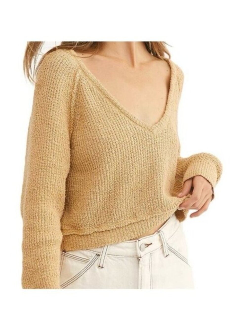 Free People Boxy Tan Sweater V Neck Neutral Beach Lounge Boho Textured